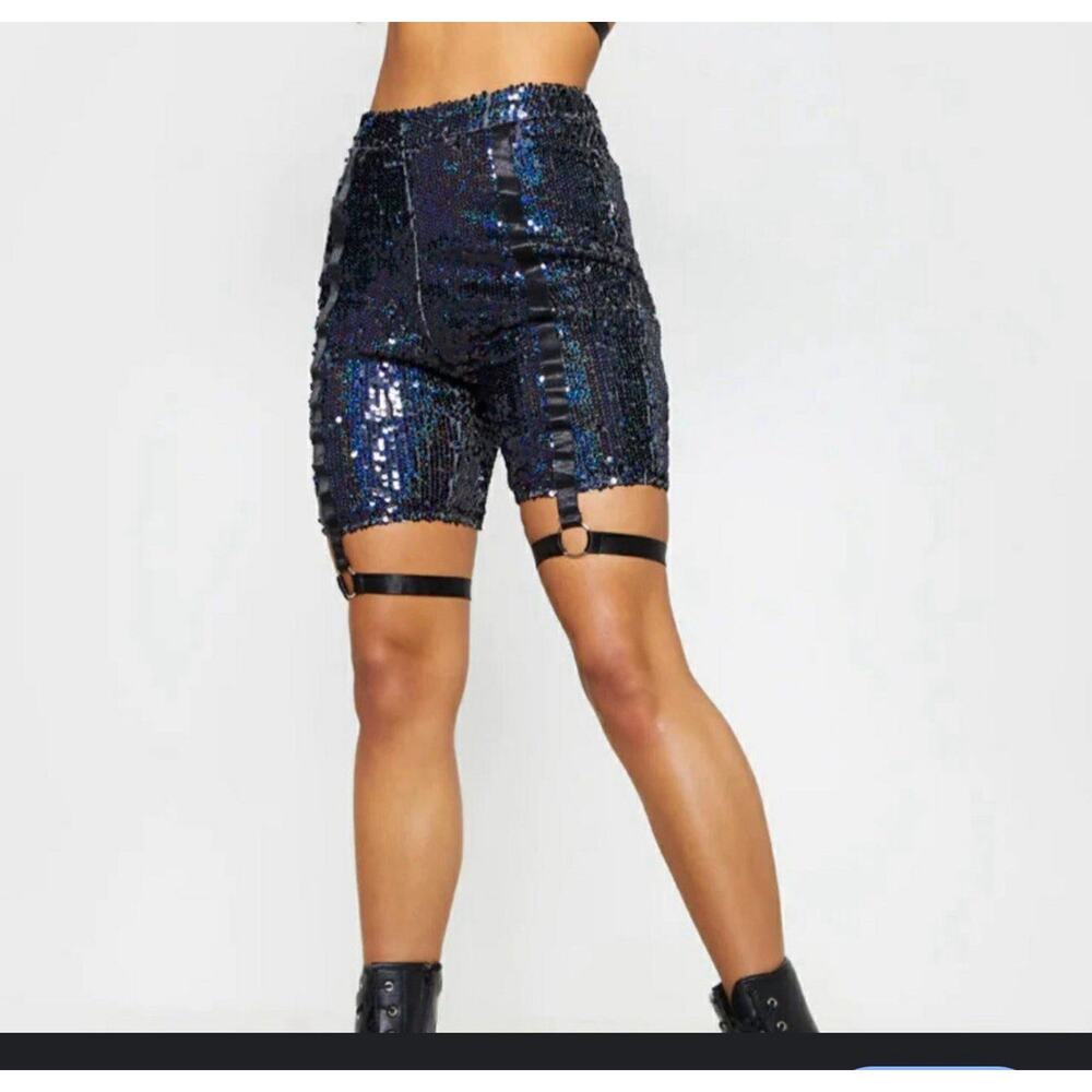 Pretty Little Thing Nwt Sequined Cycling Shorts Blue Black Sz 10 Leg Harness